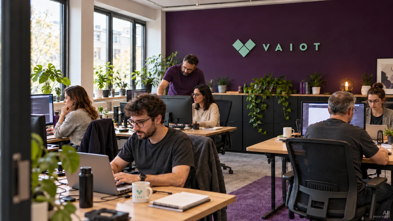 AI-generated image of a team working in an office with the VAIOT logo on the wall
